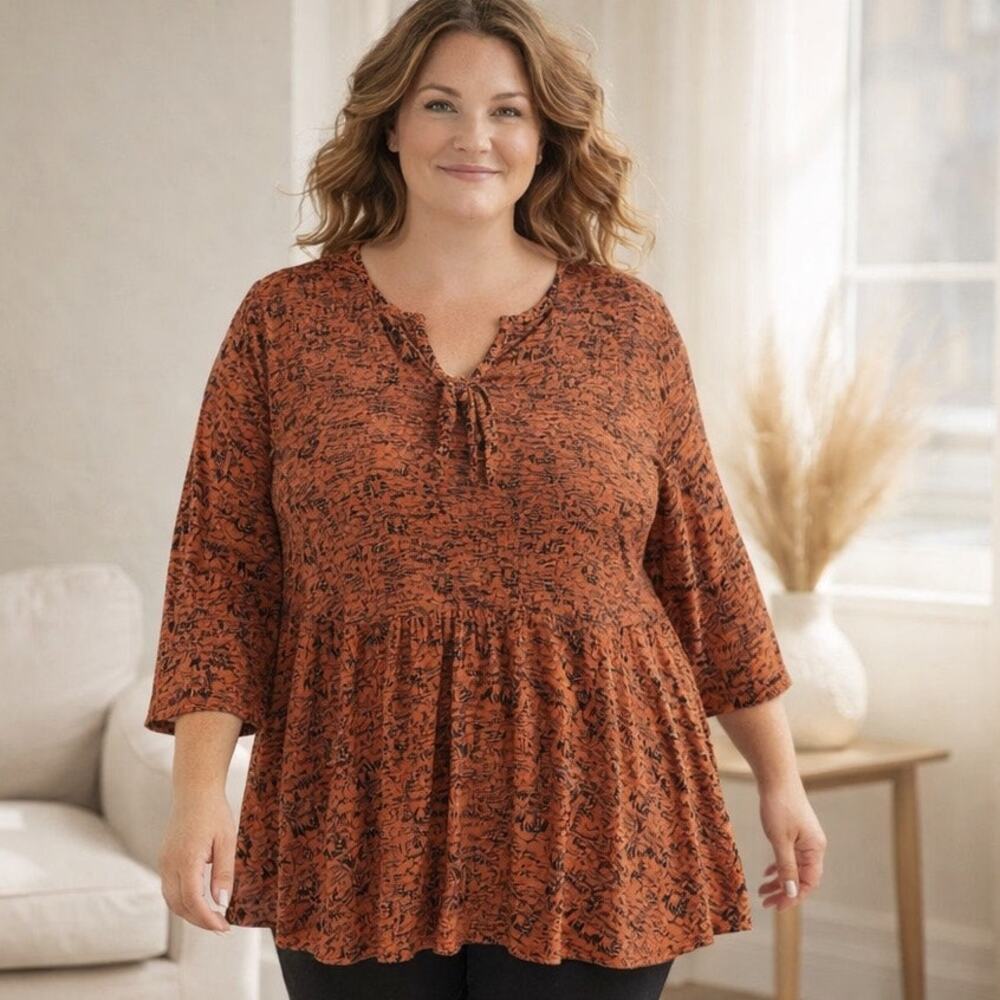 Ulla Popken 24/26 Smocked Bodice Top Rust Black Script Print Popover Boho Artsy